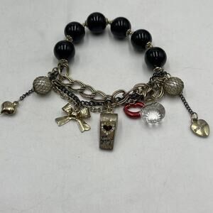 Betsey Johnson Whistle Red Lips Black Beads Black Beads Bow Stretch Bracelet‎